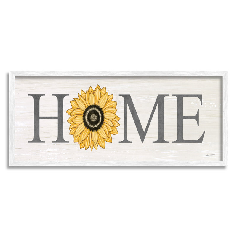 «Home Sunflower Blossom Sign» par Annie Lapoint - cadre flottant, impression sur bois, H 13 po x l 30 po x P 1,5 po