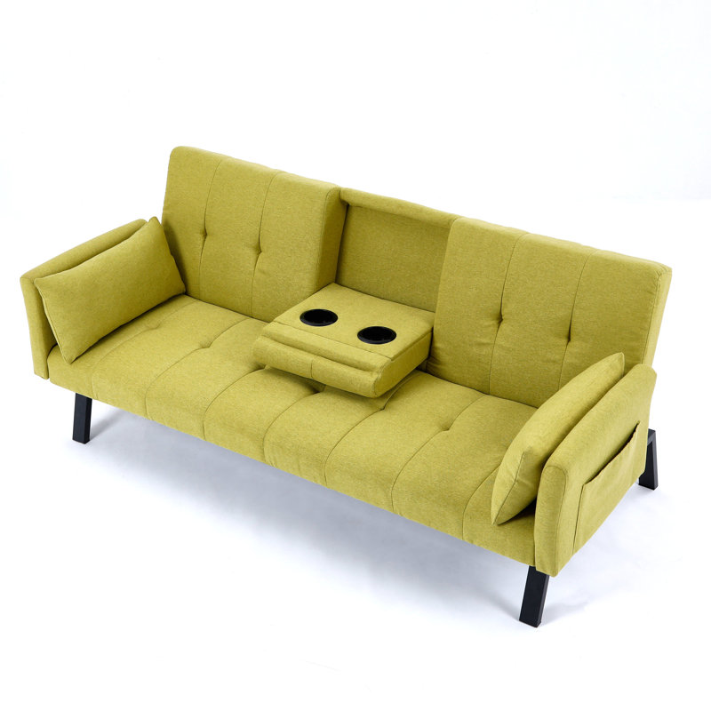 Canapé-lit pliable en coton et en lin de 70 pouces avec porte-gobelet et rangement latéral pour petits appartements et chambres d'amis