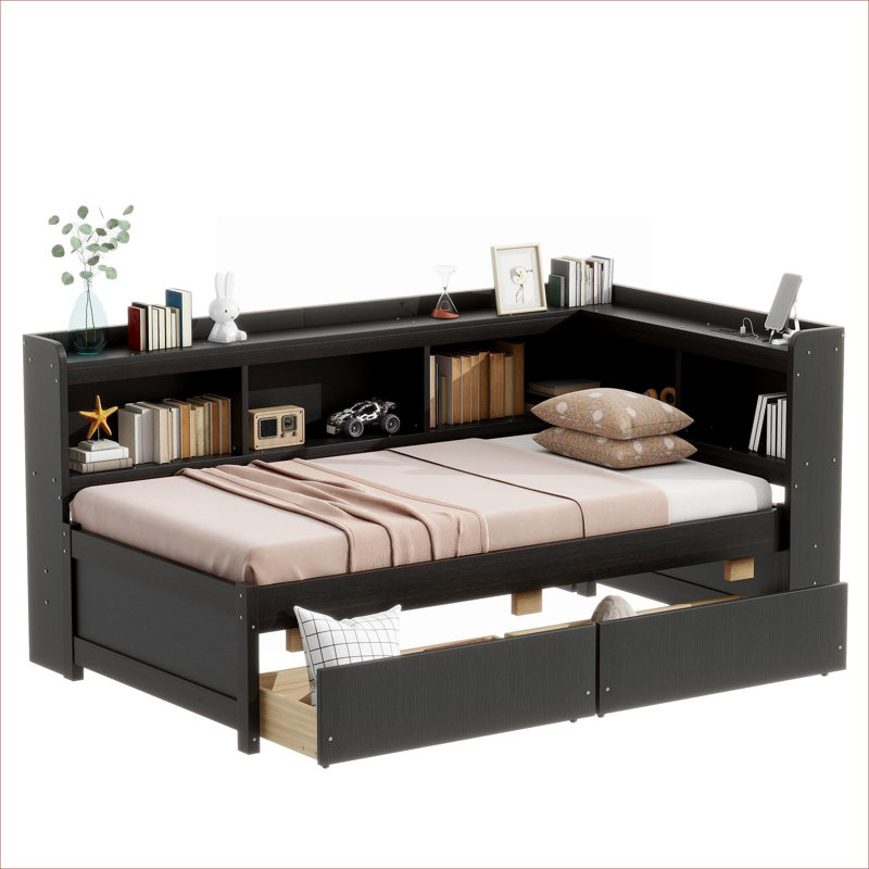 Lit plateforme classique en forme de L en pin massif brun classique avec rangement et charge intégrés, idéal pour les espaces de chambre compacts