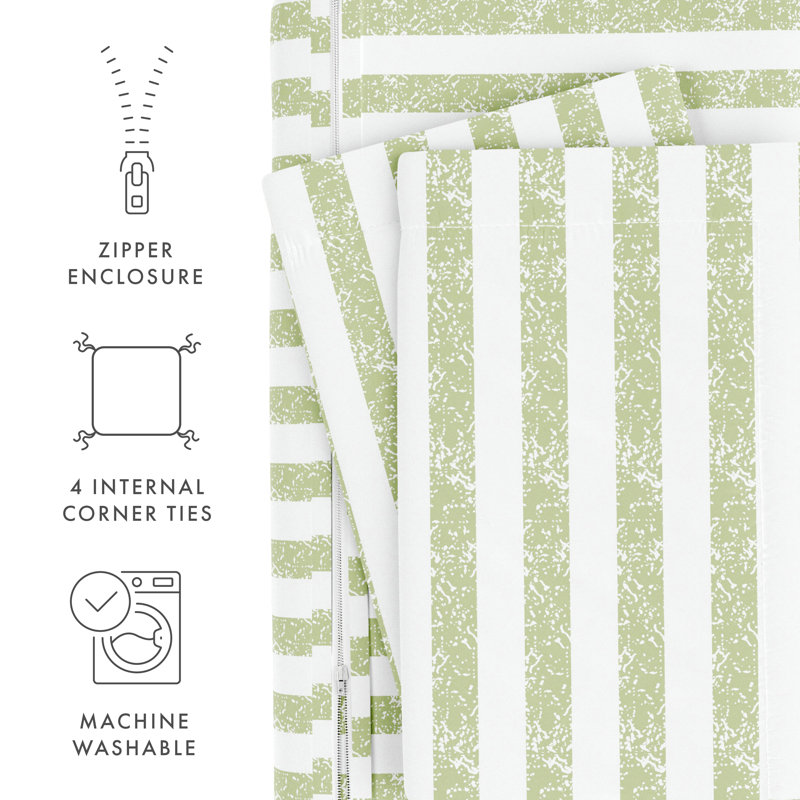 Sage and White Striped Twin Microfiber Duvet Cover Set