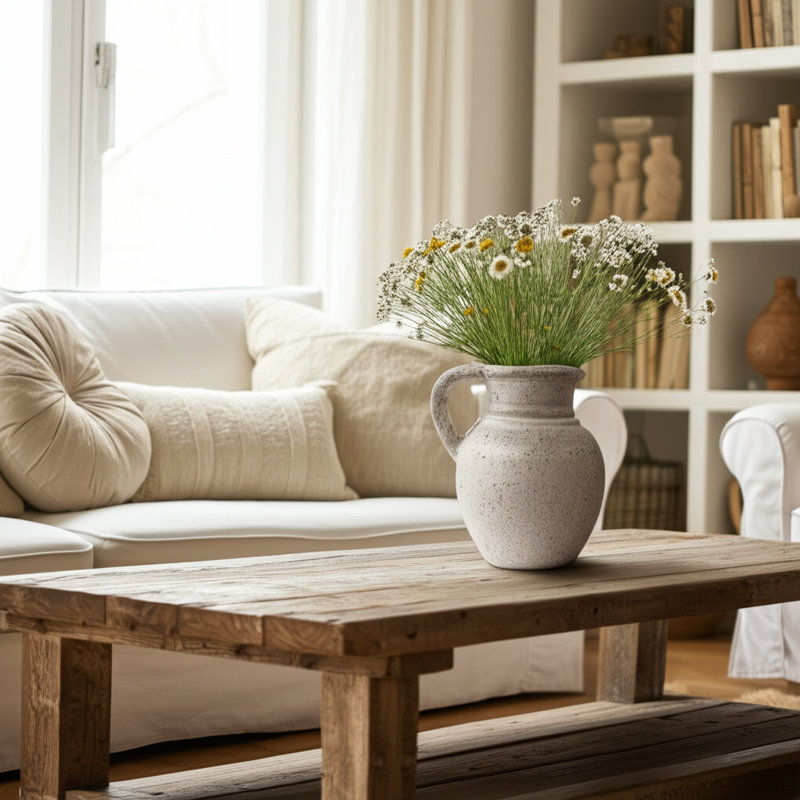 Vase en terre cuite fabriqué à la main avec surface texturée et poignée rustique Kenith - détail artisanal durable pour présentation