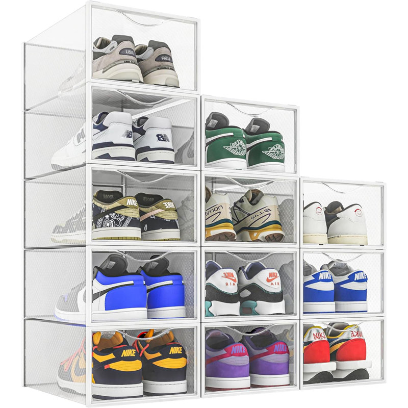 12 Pack Shoe Storage Bins, Clear Plastic Stackable Shoe Organizer For Closet, Space Saving Foldable Shoe Rack, Shoe Box Sneaker Holder Container