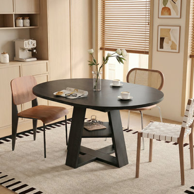 43.3"-59" Extendable Round Dining Table, Circle Kitchen Table Oval Dinner Table For 4-8, Farmhouse Dining Table With Removable Leaves Space Saving And Storage Shelf For Kitchen And Living Room, Black