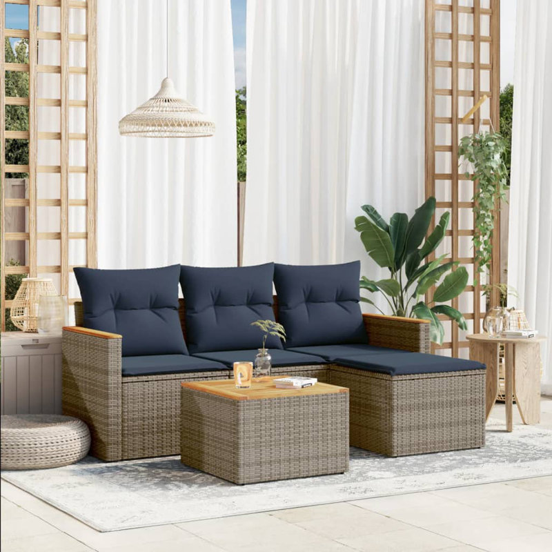 Ensemble de canapé de patio 5 pièces avec coussins en rotin de polyester, Gris, Marine