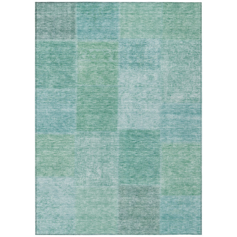 9' X 12' Teal Blue Sage And Green Patchwork Washable Indoor Outdoor Area Rug, Rectangle 3' x 5'