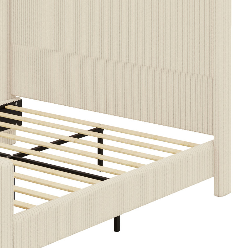Structure de lit rembourrée avec dossier à oreilles à rayures verticales, avec tête et pied de lit hauts, Crème, crème