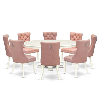 L'ensemble de table de salle à manger 9 pièces se compose d'une table avec un plateau rond et de 8 chaises en polyester rouge beige avec capitonnage à boutons, lin blanc