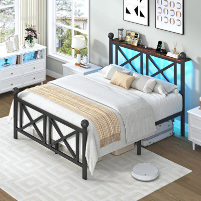 Queen Size Bed Frame with Headboard, Charging Station and LED Lights, Heavy Duty Metal Platform & Noiseless, Easy Assembly