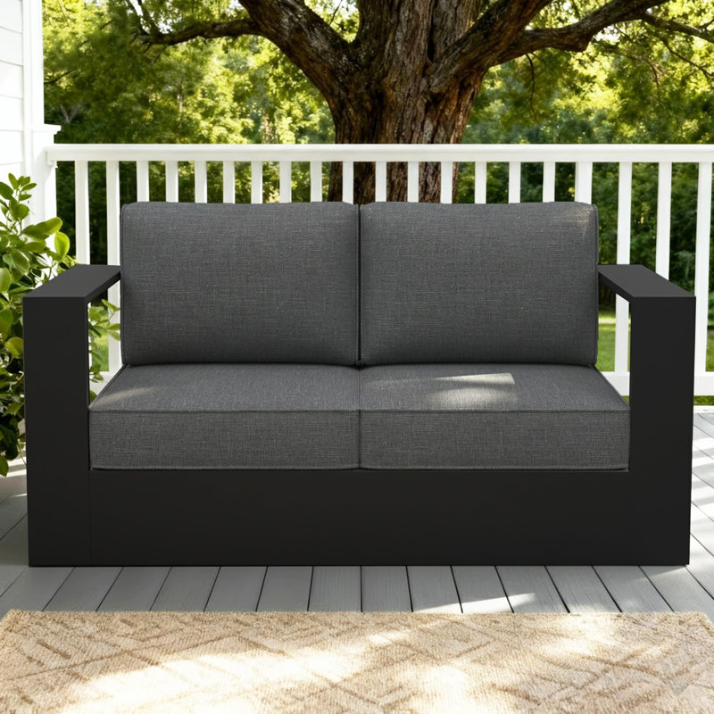 Modern Outdoor Aluminum 2-seater Loveseat With Cushions, Dark Gray Cushion/Black Frame