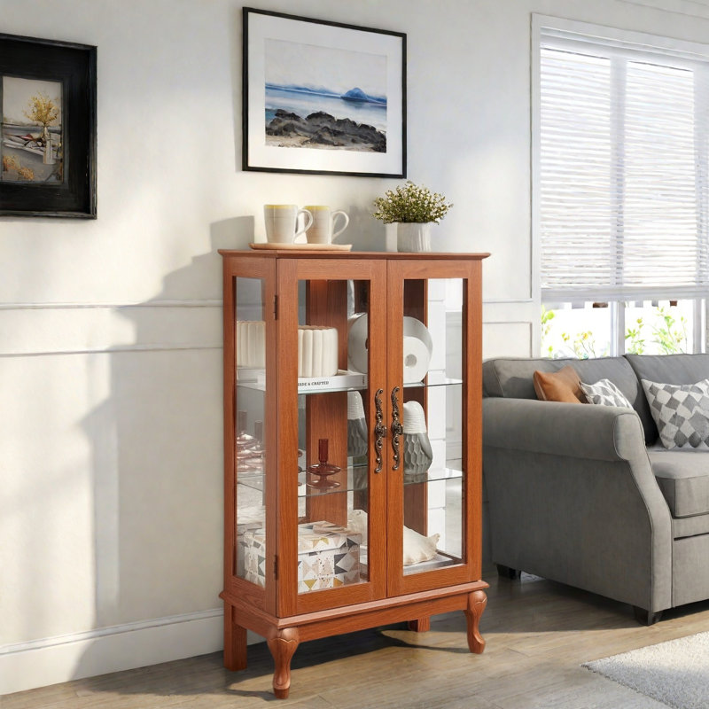Curio Cabinet With 2 Tempered Glass Doors, Adjustable Shelves And Led Light, Dark Oak