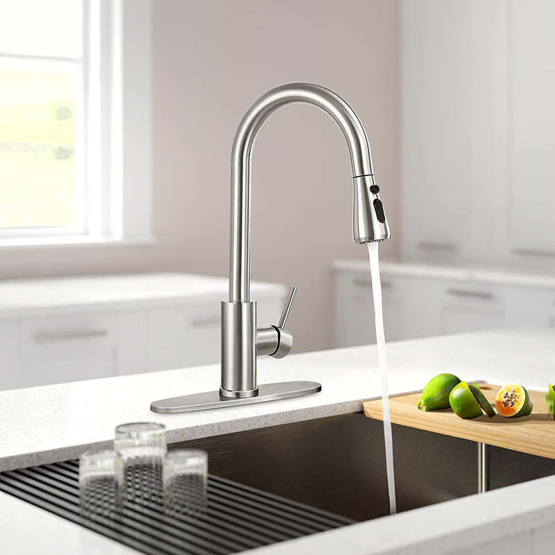 Robinet de cuisine rétractable à poignée simple avec douchette, Nickel brossé