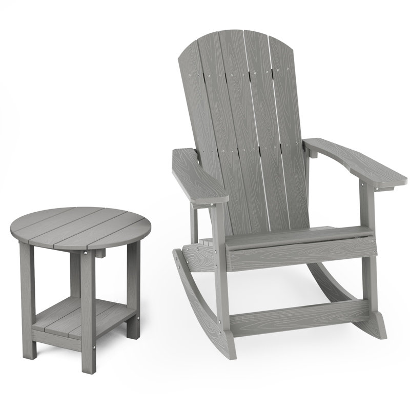 Outdoor Plastic Rocking Adirondack Chair With Side Table, Gray