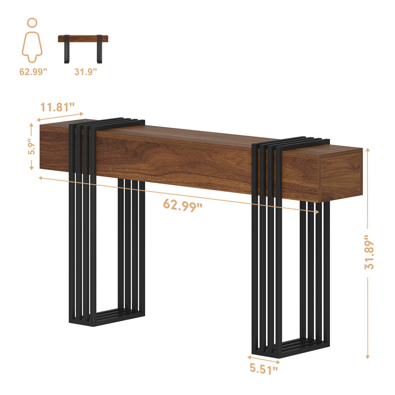 63 Inch Long Console Table, Extra Thick Industrial Sofa Table Behind The Couch Rectangular Entryway Table For Entrance Hallway Living Room, Entire Top Board & 4-pipe Legs