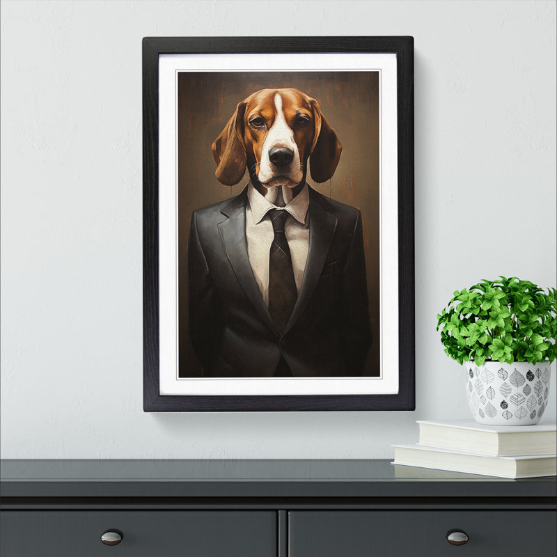 Beagle In A Suit - Single Picture Frame Print on Wood, 46cm H x 34cm W x 2cm D, Black Framed