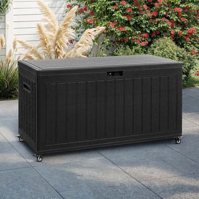 90 Gallon Black Resin Outdoor Storage Box with Six Casters, Lockable Lid & Double Wall Weatherproof Design by Edrosie Inc