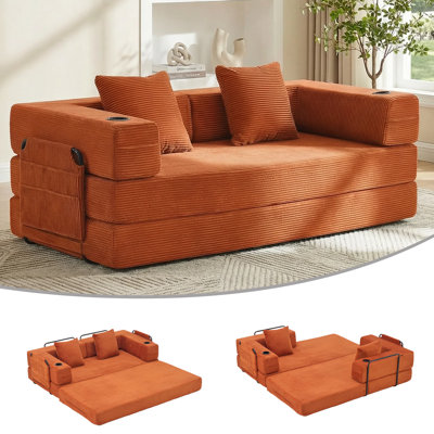 Convertible Sofa Bed - Foldable Upholstered Couch with Cupholders & Storage Pockets- Modular Sectional for Living Room, Bedroom, Studio - Compression Sofa in Box