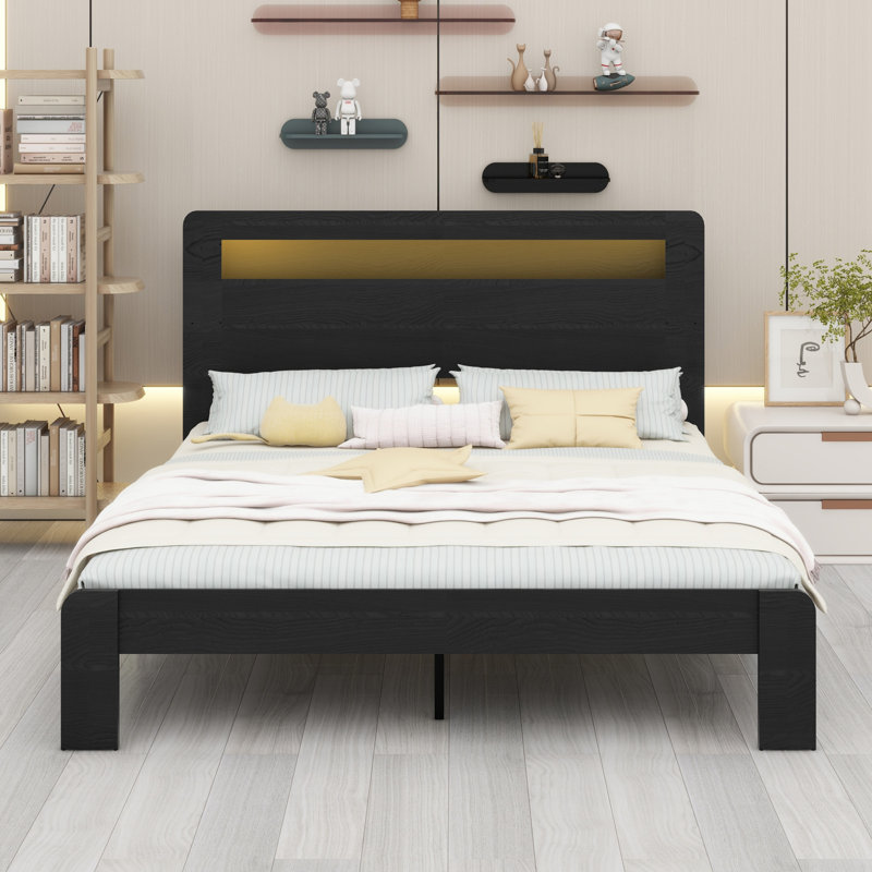 Structure de lit plateforme avec tête de lit à DEL avec rangement et 2 USB, grand rangement sous le lit, Grand, Brun foncé