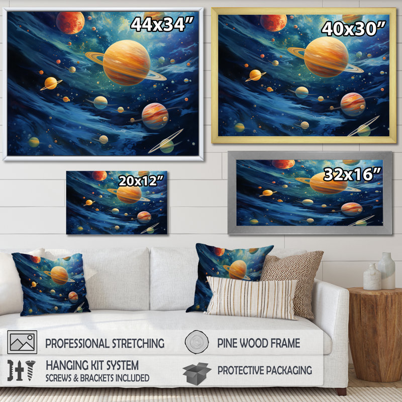 Planète bleue et orange, Odyssey II, art mural, Cadre flottant doré, H 24 po x l 32 po x P 1 po