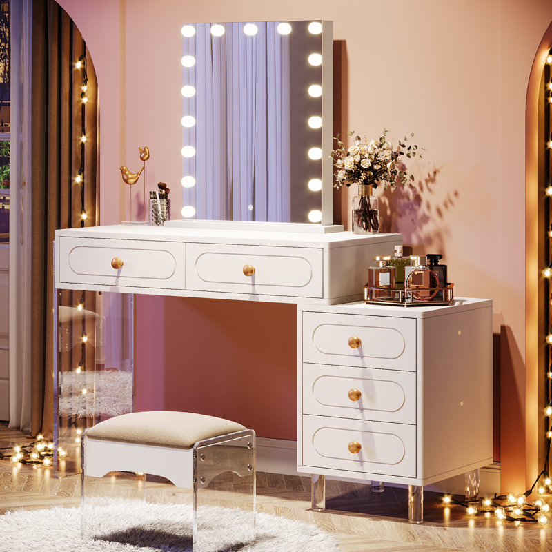 Modern White Vanity Desk with 5 Drawers (Only Table)