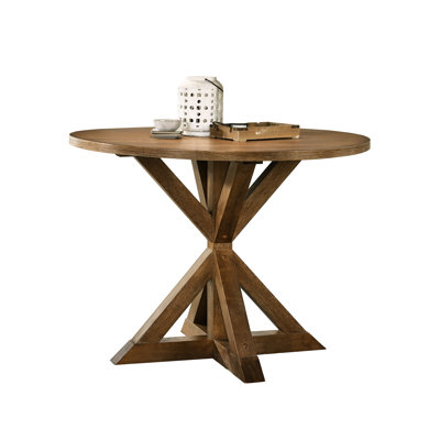 Brown Counter Height Dining Table - With Cross-Buck Base. Hardwood, Top Oak Veneer, Solid Rubberwood Fits 4. 47.2"W X 47.2"D 36"H. 1.4" Thick Top. Assembly Required Base In Brown. Top,