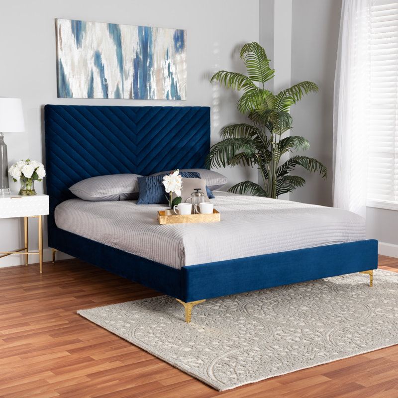 Upholstered Slat Bed, Queen, Navy Blue
