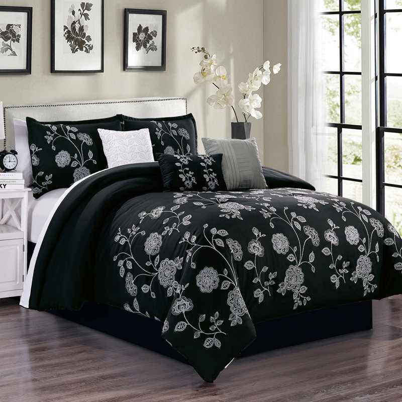 King Black Microfiber Floral Embroidered Comforter Set