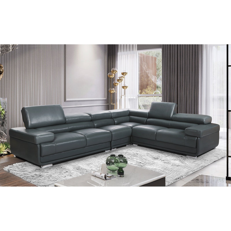 Upholstered L-Shaped Sectional Symmetrical, Dark Gray Leather