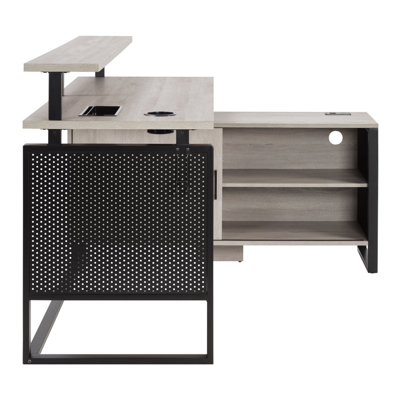 Bureau en L avec étagère Pierrine, Gris taupe / noir mat