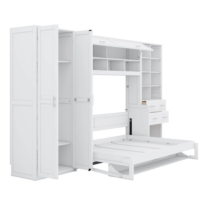 Lit escamotable double, lit escamotable en bois avec placard, tiroirs et tablettes