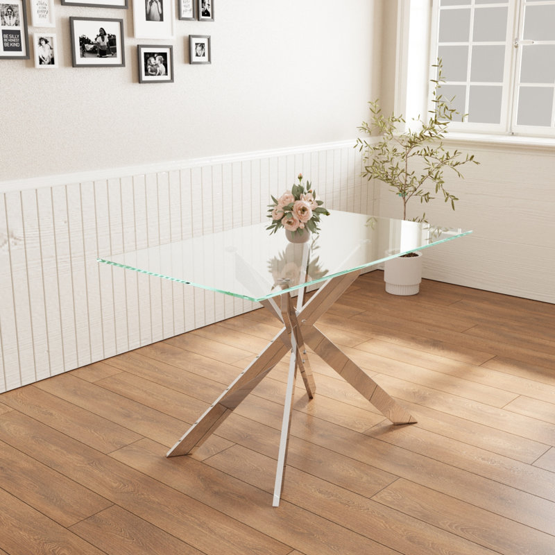 Table basse moderne en verre trempé de 47,2 pouces, table de salle à manger rectangulaire à pieds en métal, table de salle à manger en verre transparent