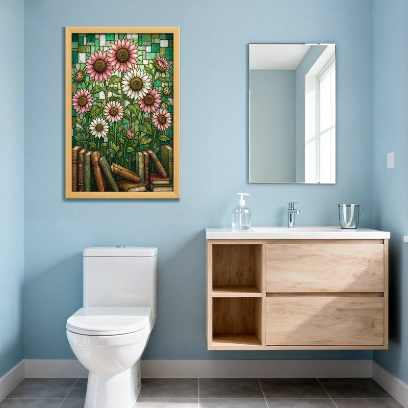 Plantes et fleurs, motif de tournesols et de livres en verre coloré, Grain de bois clair, H 24 po x l 36 po