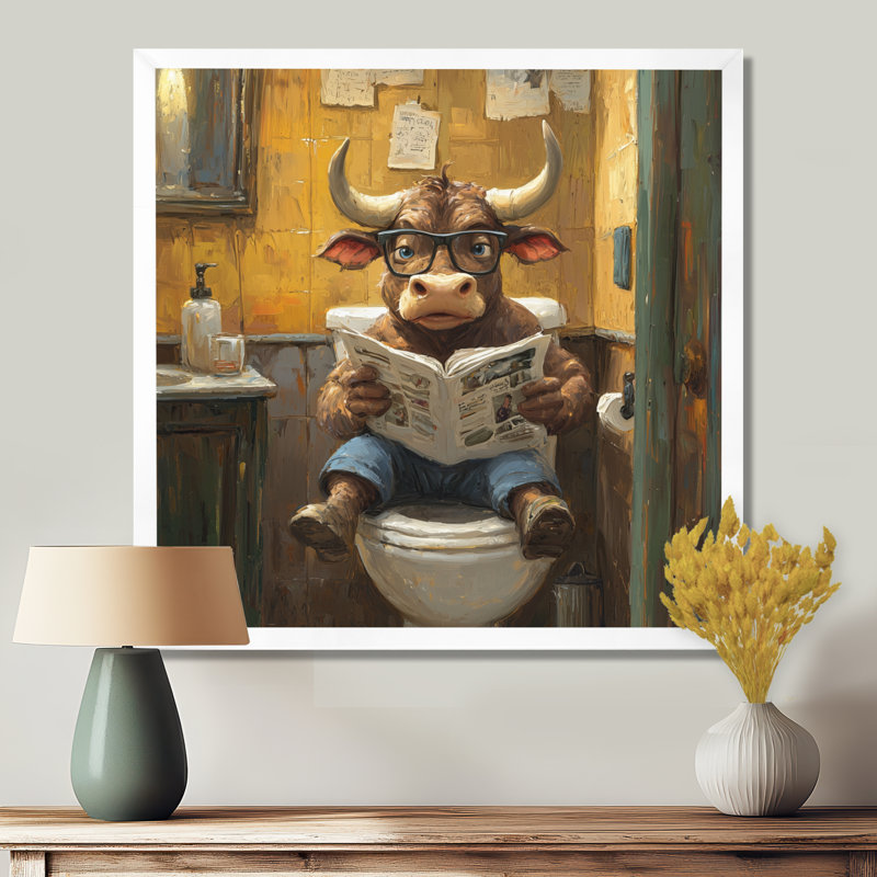 Keylanie, mignon, Buffalo, lecture de journal dans la salle de bain - vache, art mural, H 16 po x l 16 po, Blanc
