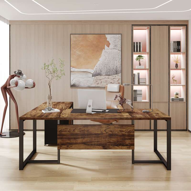 Wieze L-Shaped Metal Base Executive Desk, Rustic Brown/Black