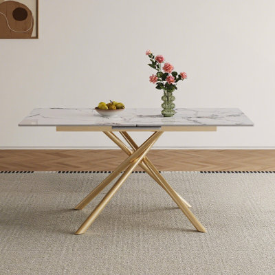 59" Rectangle Expandable Dining Table With Retractable Leaf, Sintered Stone Top & Carbon Steel X-Base, Sturdy 4-6 Person Table For Small Apartments, K