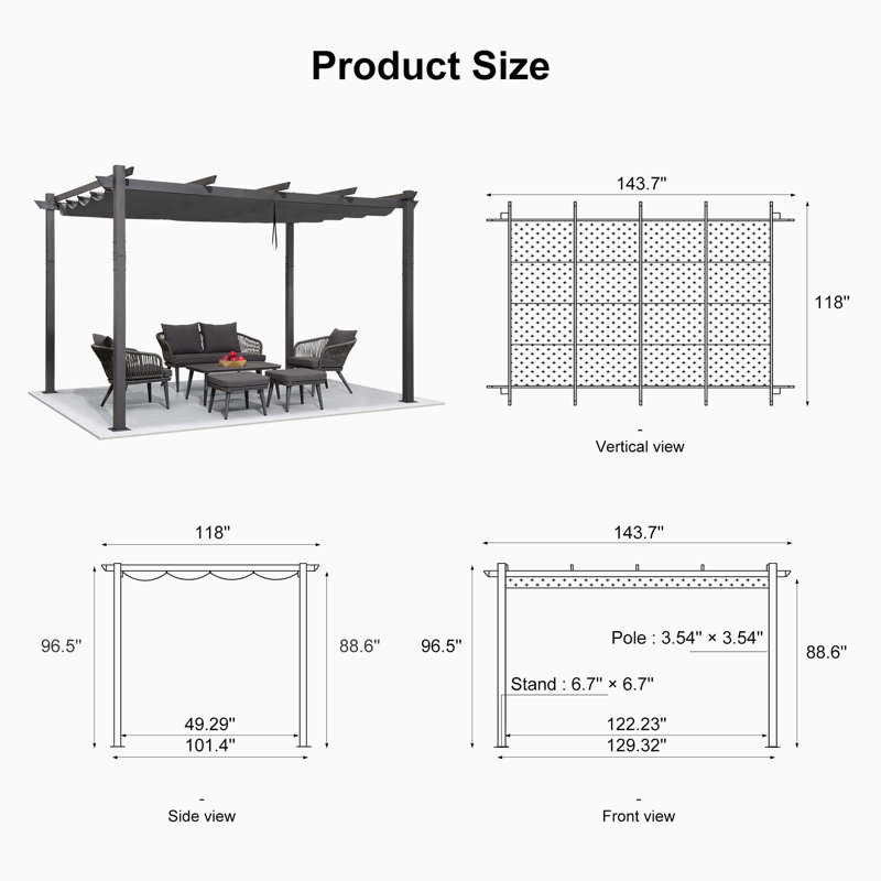 12 Ft. W x 10 Ft. D Metal Pergola with Canopy, Gray