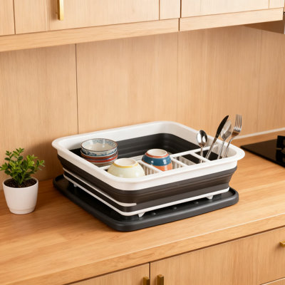 Pop-Up Collapsible Dish Drying Rack With Cutlery Compartment, Drains Into Sink, Holds 8 Large Plates, Space-Saving Portable Design For Kitchen Counter, RV, And Camping