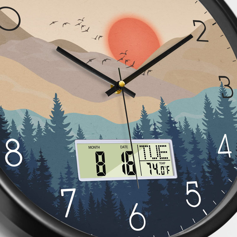 Silent Wall Clock With Day Week Temperature Wilderness With Sunset Non-Ticking Battery Operated Large Digital Modern Clocks Display With Calendar And Date For Kitchen Farmhouse Bathroom Office 12 Inch