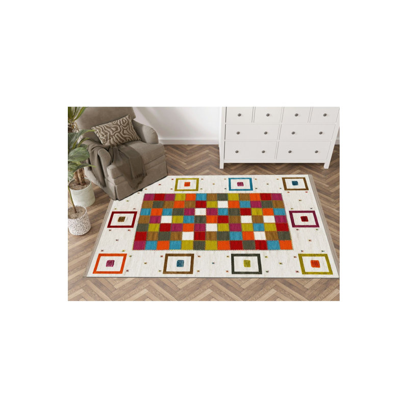 Multi Color Geometric Square Pattern Modern Decorative Machine Washable Area Rug, Runner 3'3" x 9'10"