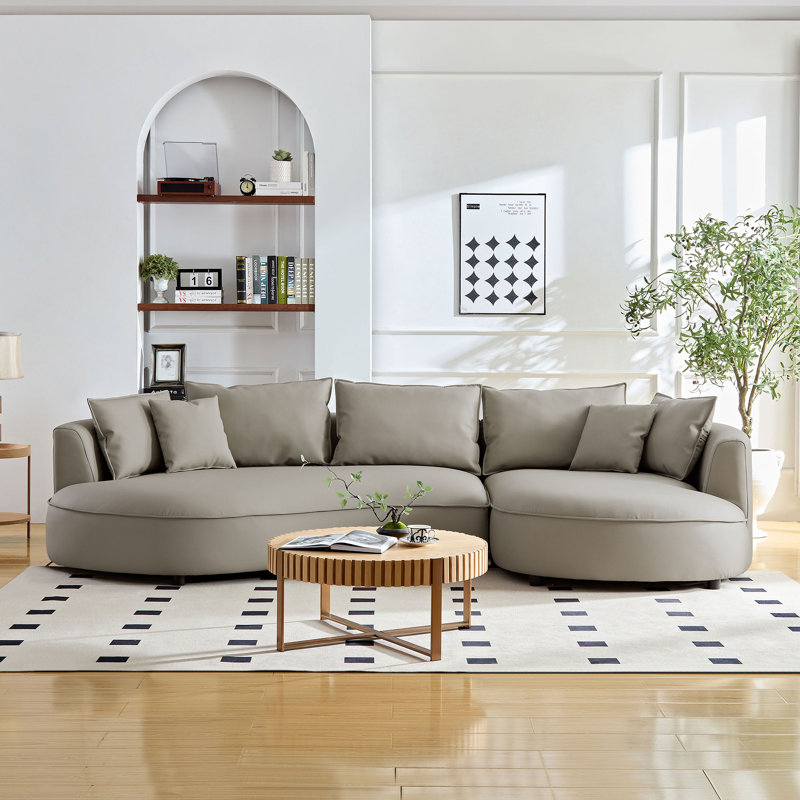 Faux Leather Curved Sectional Sofa, Gray Faux Leather, Right Hand Facing