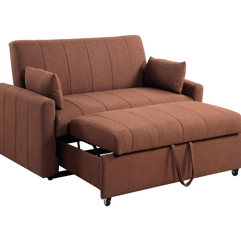 Canapé-lit en tissu bouclé en cuivre avec mousse et profil compact, capitonnage vertical rembourré, assise confortable pour le salon principal