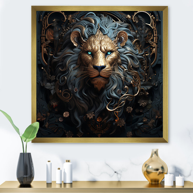 Majestic lion II - Lion, art mural, H 16 po x l 16 po x P 1 po, Cadre doré à une seule photo
