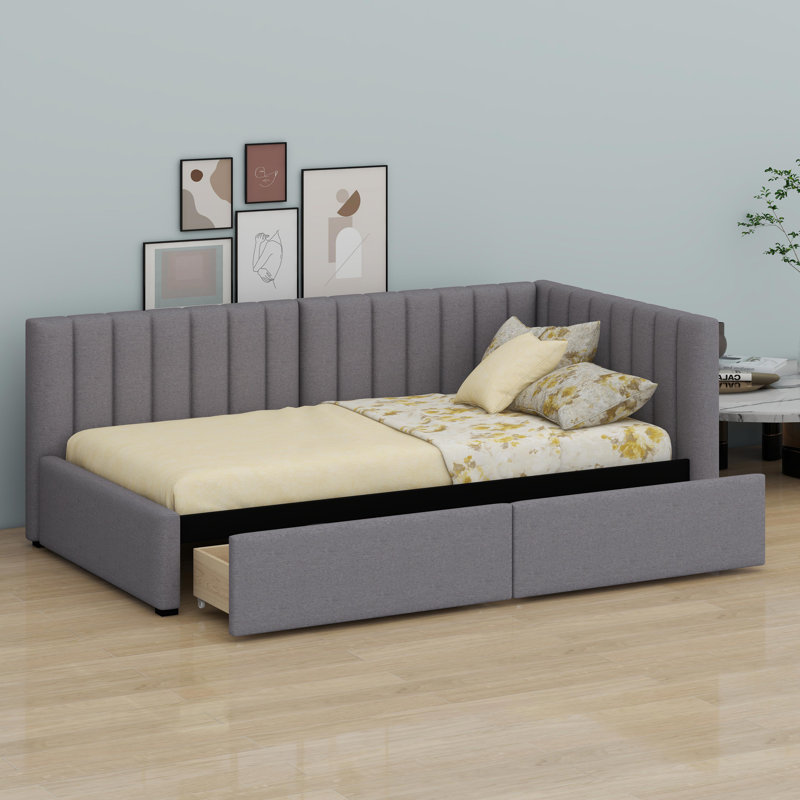 Upholstered Daybed With Storage Drawers, Grey