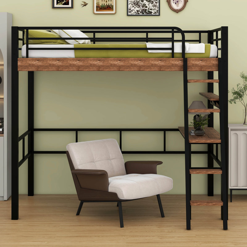 Metal Loft Bed Frame With LED And Storage Shelf, Loft Bed With Built-In Desk, Twin