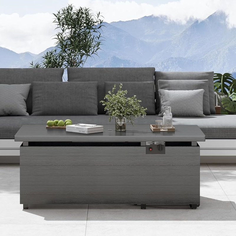 21" H X 51" W Metal Propane Outdoor Fire Pit Table With Lid, Glass Wind Guard, 50,000 BTU Propane Fire Pit Table, Gray