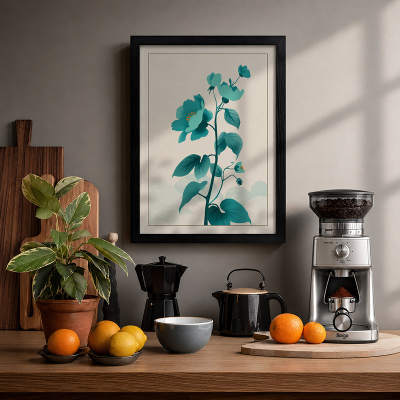 Teal Study Botanical - Framed Print, A4 - 29.7 x 21.0 cm, Black