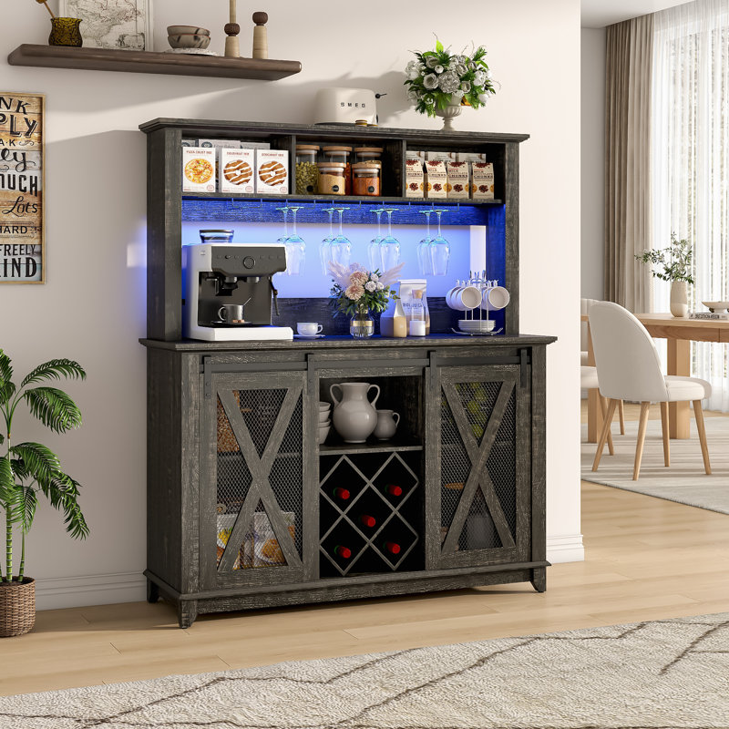 47"W Farmhouse Coffee Bar Cabinet with 3 Storage Hutch, Wine Bar Cabinet with LED Light, Kitchen Buffet Cabinet w/Sliding Barn Door & 10 Wine And Glass Racks for Kitchen Dining Room