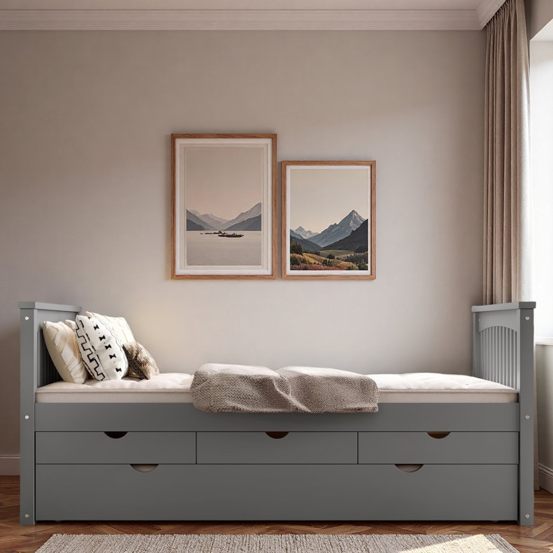 Lit plateforme avec 3 tiroirs et lit gigogne, Gris