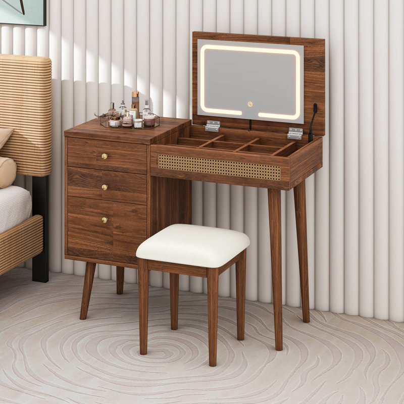 Meuble-lavabo de style bohème rétro, bureau Vantiy avec miroir et lumières DEL, coiffeuse avec plateau rabattable, coiffeuse avec rangement 3 tiroirs