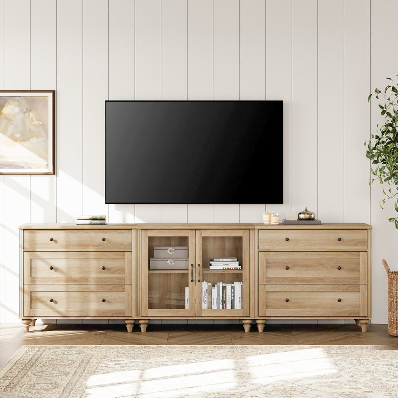 Farmhouse TV Stand, 3-In-1 TV Console Table For 75/80/85/90 Inch TV, Entertainment Center With Drawer & Glass Door, Oak