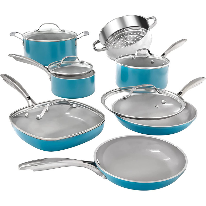 Ensemble de batterie de cuisine antiadhésive en céramique 12 pièces Gotham Steel Aqua Blue